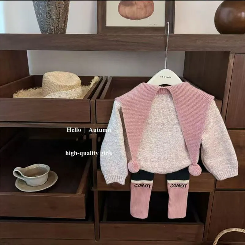 

Girls' Autumn Clothing New Korean Edition Children's Cute Big Collar Ball Sweater Cardigan Knitted Pants Kids Top and pants