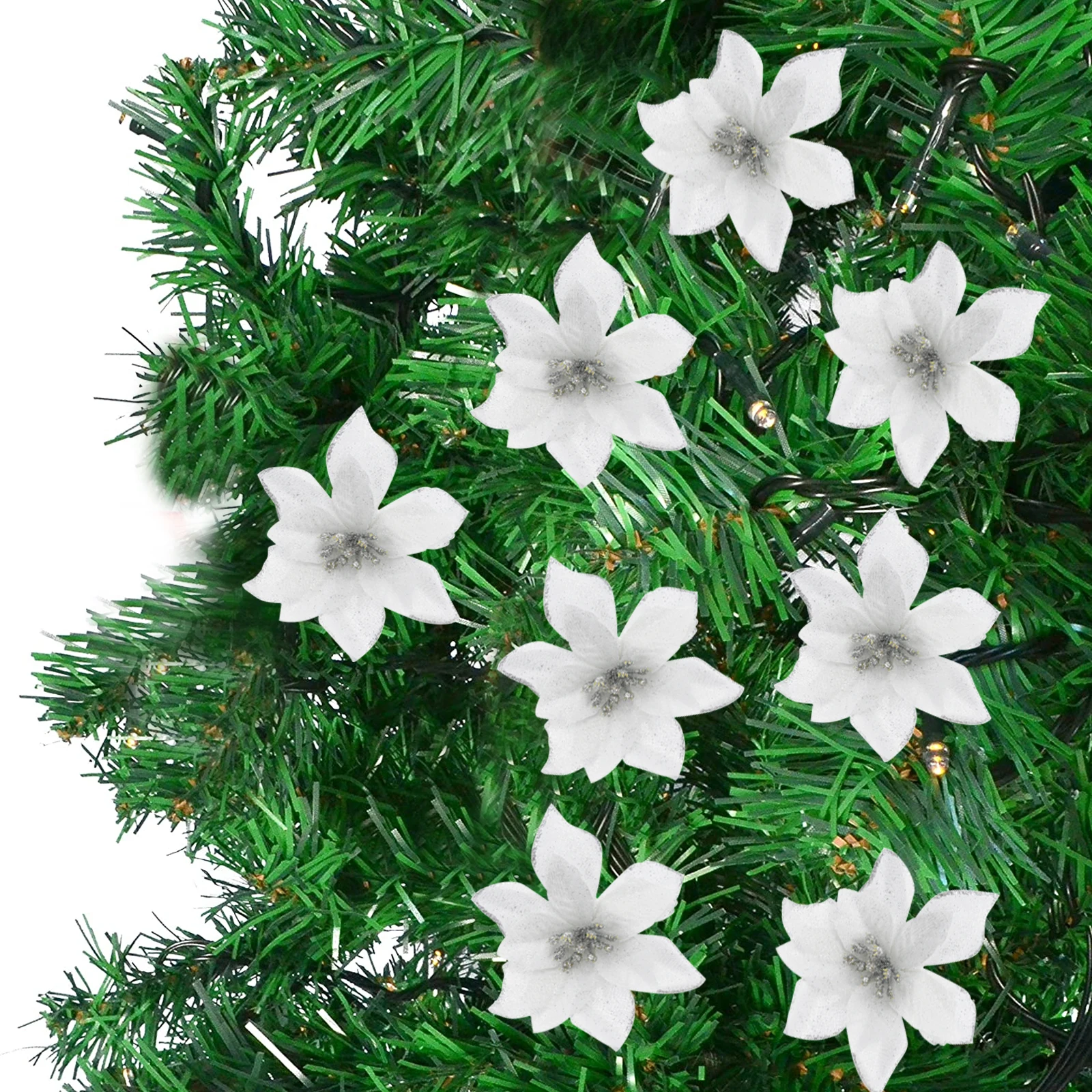 

10Pcs Christmas Flower Decoration 13Cm Shiny Artificial Flowers for Xmas Tree Wedding Event Table Centerpiece Ornament Silver