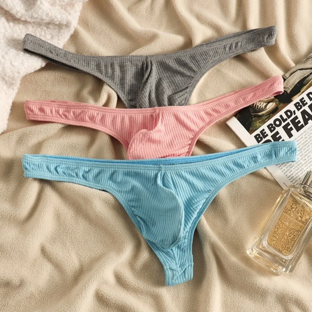 Comfortable Low Waist Men Thongs Thread Pattern Solid Color Men's Panties Lingerie Underwear Male Briefs Male