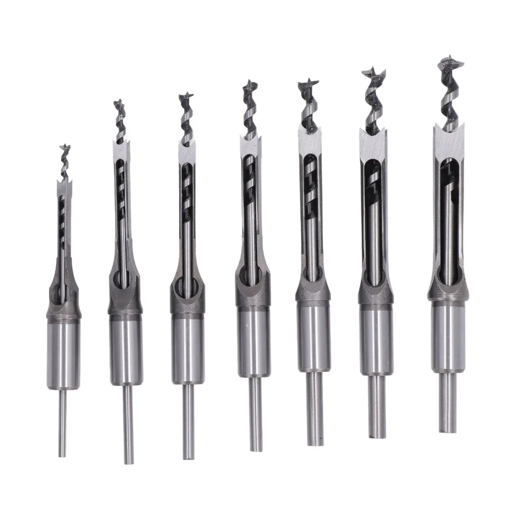 7pcs Bearing Steel Square Hole Drill Bit Sharp Cutting Edge Mortise and Tenon Attachment Mortiser Drill Bit
