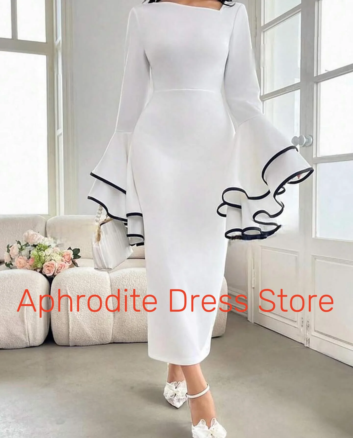 Abiti da sera personalizzati con maniche svasate in jersey di alta qualità Abito da ballo moderno con maniche lunghe con scollo a V Festa su misura D