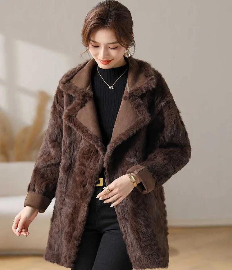 Elegant Double-Sided Faux Fur Lined Coat Women's Winter Fashion Long Jacket Japanese Style Stylish Overcoat in OrientTown in034