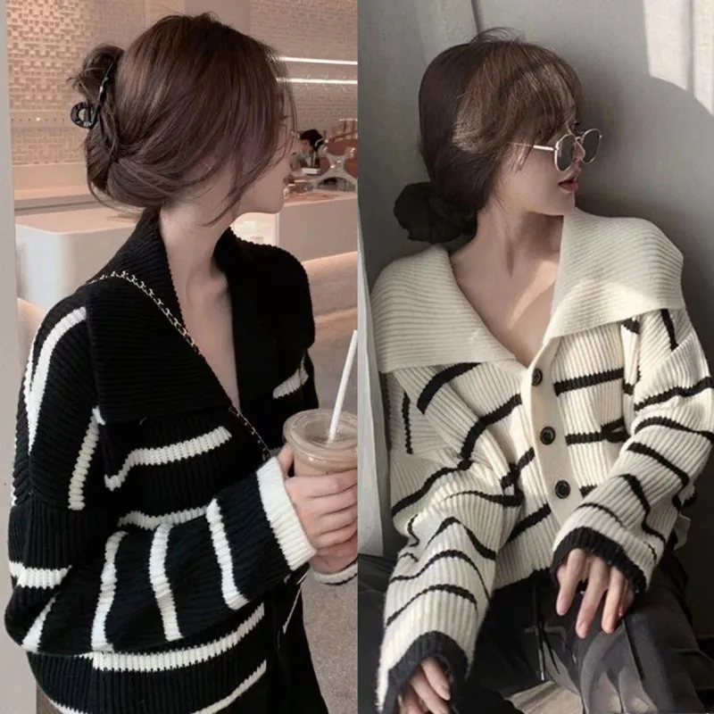 

Cross-Border Women's Knitted Stripe Open Cardigan Sweater Jaet Loose Collar Outerwear ort Sle Versatile ort Top