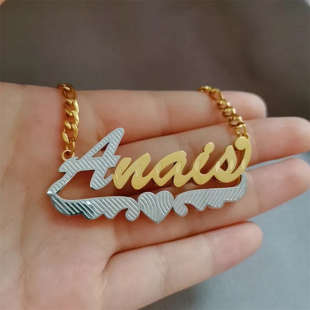 Double Layer Name Necklace Custom Name Necklace Stainless Steel Nameplate Pendant Gold Plated Chain Christamas Gifts for Women