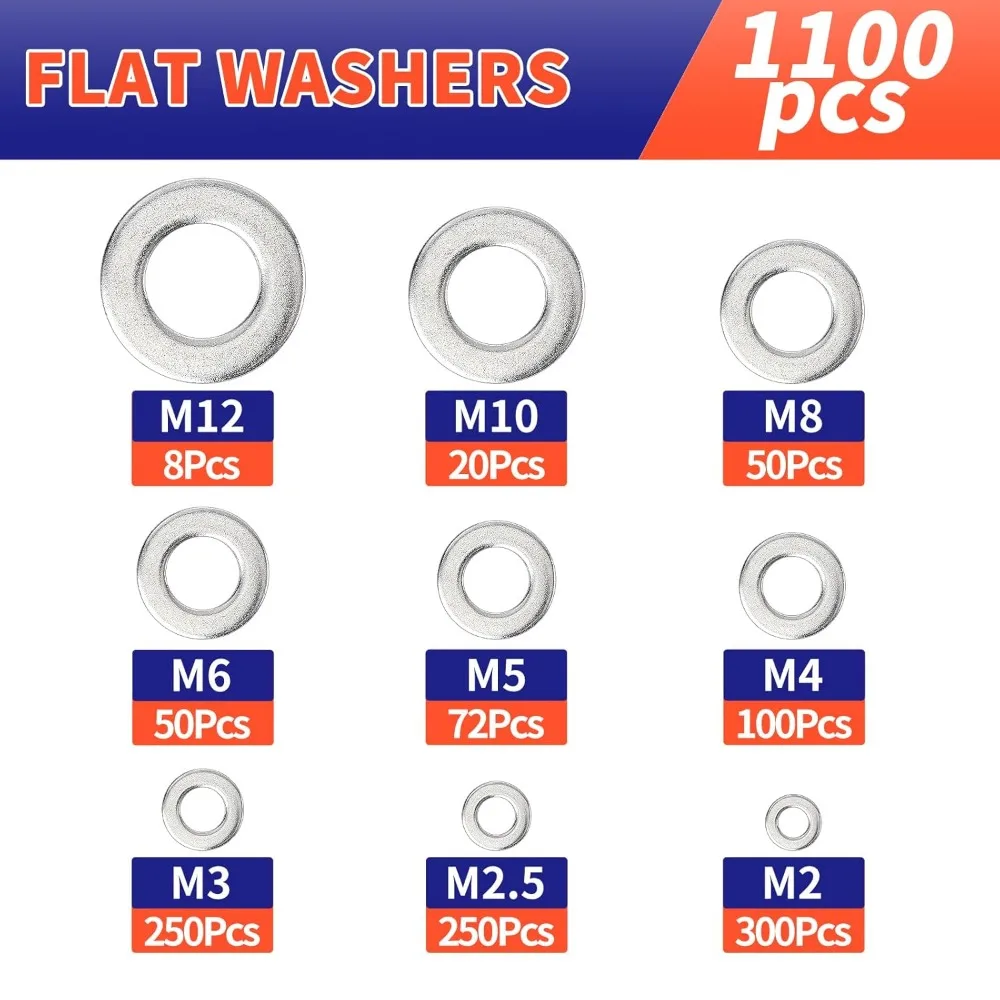 1100Pcs Flat Washers Assortment Kit 304 Stainless Steel M2–M12 Metal Washers Sealing Solid Gasket for Screws and Bolts Fasteners
