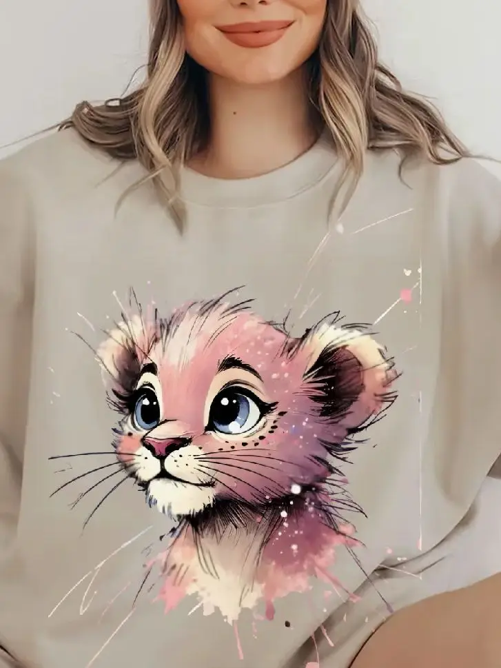 Pink Lion, Women's Hoodie, Y2k Graphic Sweatshirt, Hand-Painted Bunny Art, Korean Style Oversized, Warm Cozy Fall Winter 2025