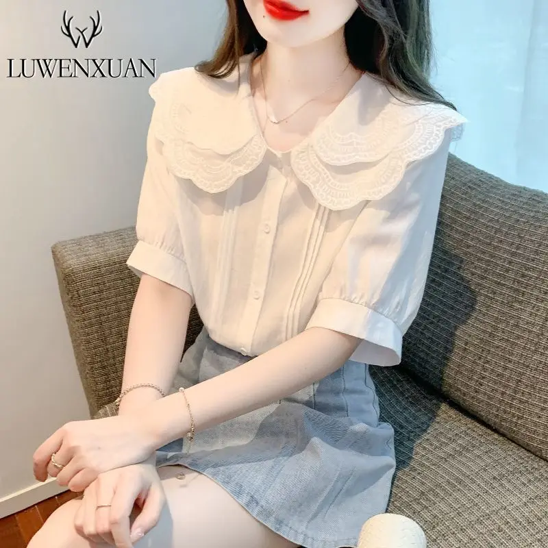 

Short Sleeve Shirts Womens Cotton Patchwork Pintuck Regular Shirt College Class Modern Preppy Artistic Student Youthful Girlish