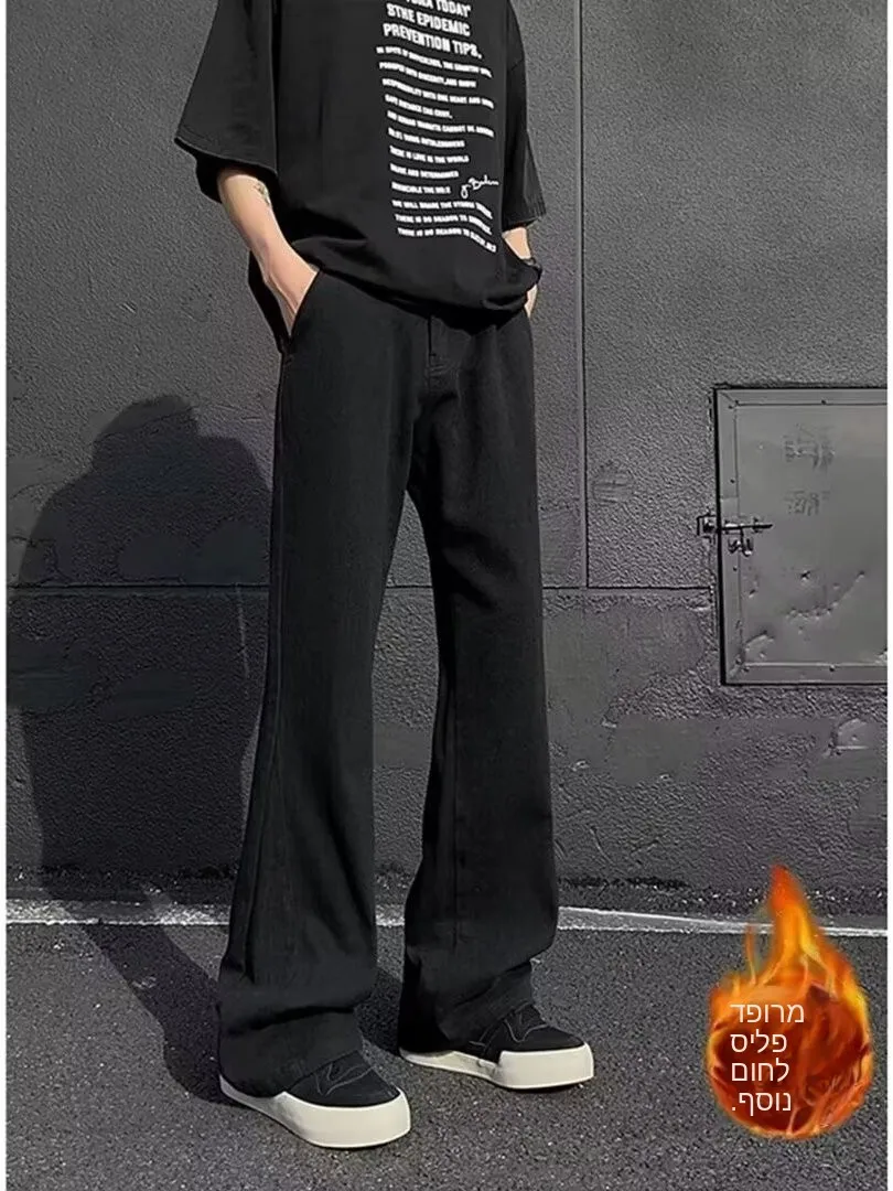 

Thickened Fleece Winter Denim Pants Loose Straight Leg Men's Pure Black American Style Jeans Warm Casual Straight Leg Jeans