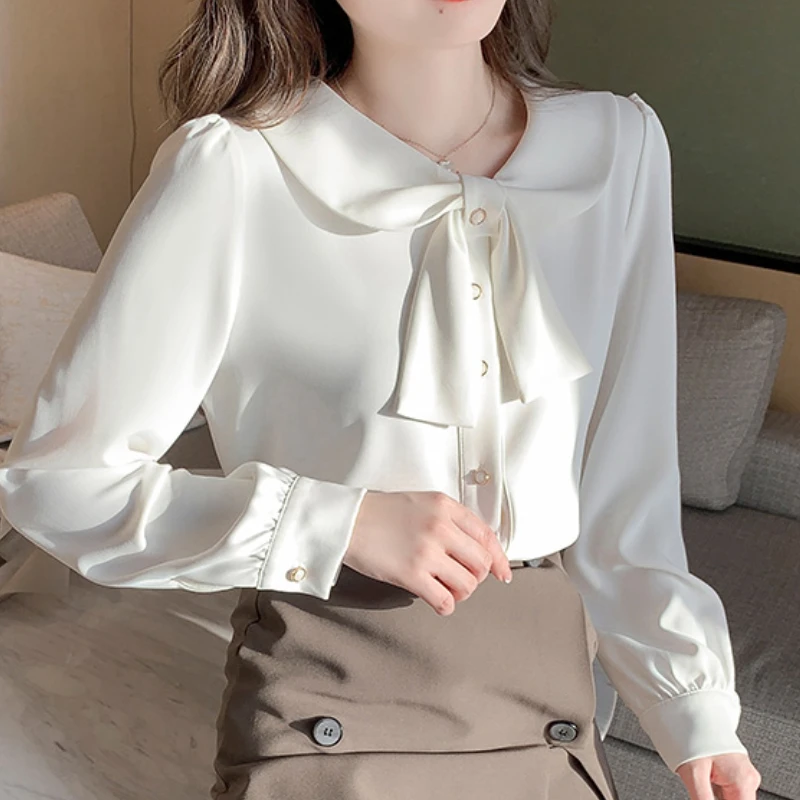 Fashion Chiffon Blouses for Women Clothing Solid Lady Shirts Long Sleeve Sweet Females Elegant Tops Bow Puff Sleeve Dropshipping