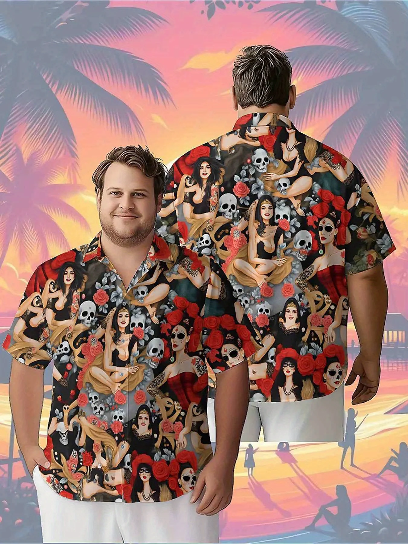 Men's Plus Size Hawaiian ShirtsDark Rose and Skull Gothic Stylepattern,Unisex Baggy Aloha Shirts,summer Alternative Clothing