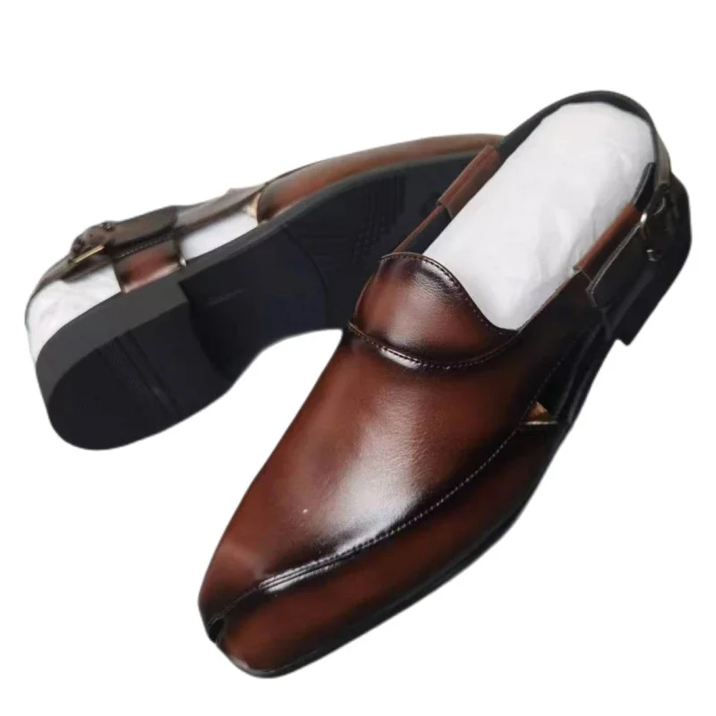 New Brown Men Sandals Buckle Strap Dress Shoes Handmade Black Business Fashion Men\'s Shoes  Size 38-46