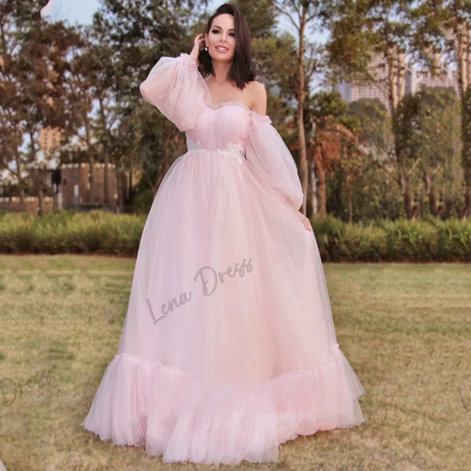 Lena Pink Wedding Party Dress Es Puff Sleeves Chiffon Elegant Evening Dresses for Women Luxury Prom Dress 2024 Gala