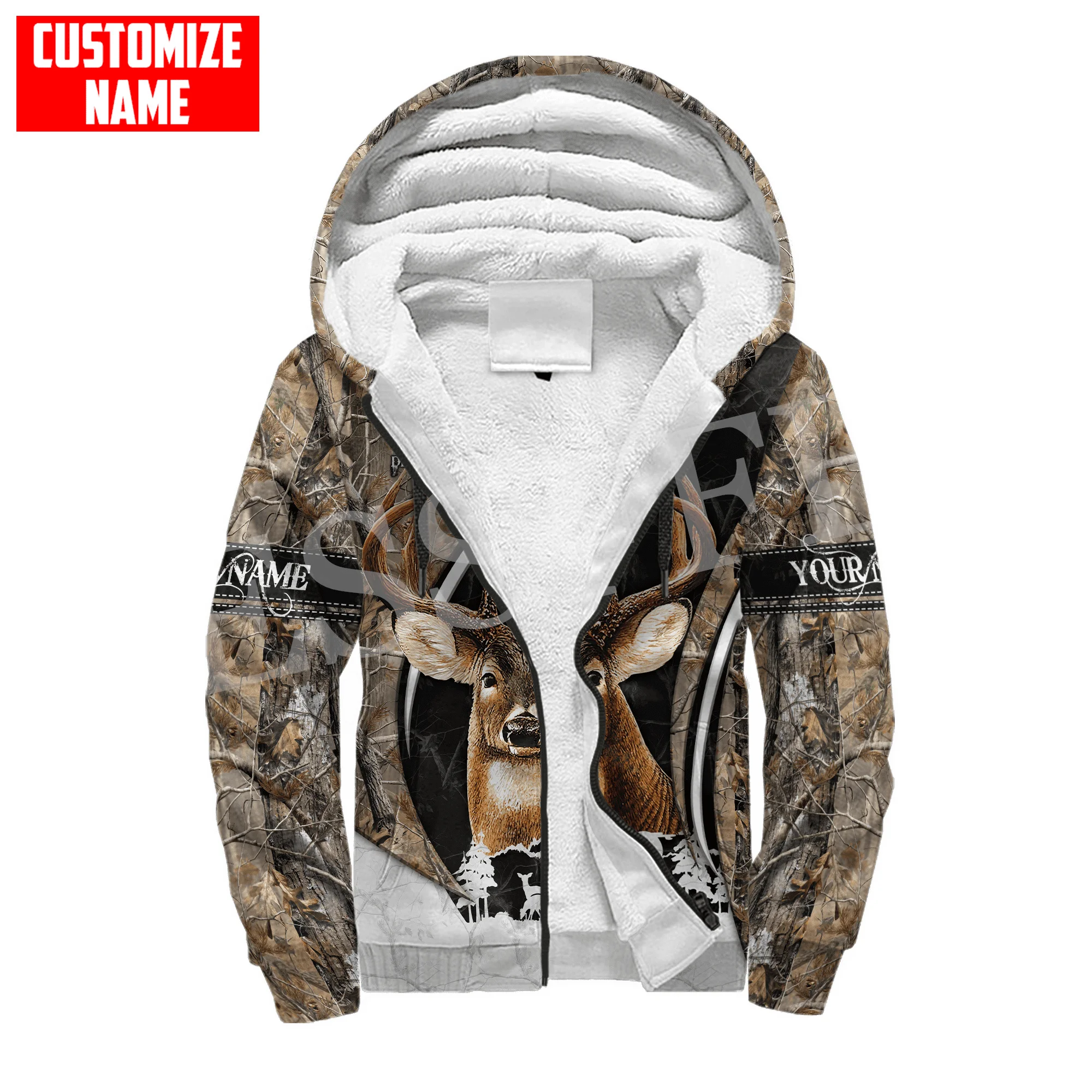 Sudadera con capucha de lana para hombre y mujer, chaqueta informal con nombre personalizado, cazador de animales de caza, ciervo, Camuflaje, Retro, estampado 3D, Harajuku, invierno, X1