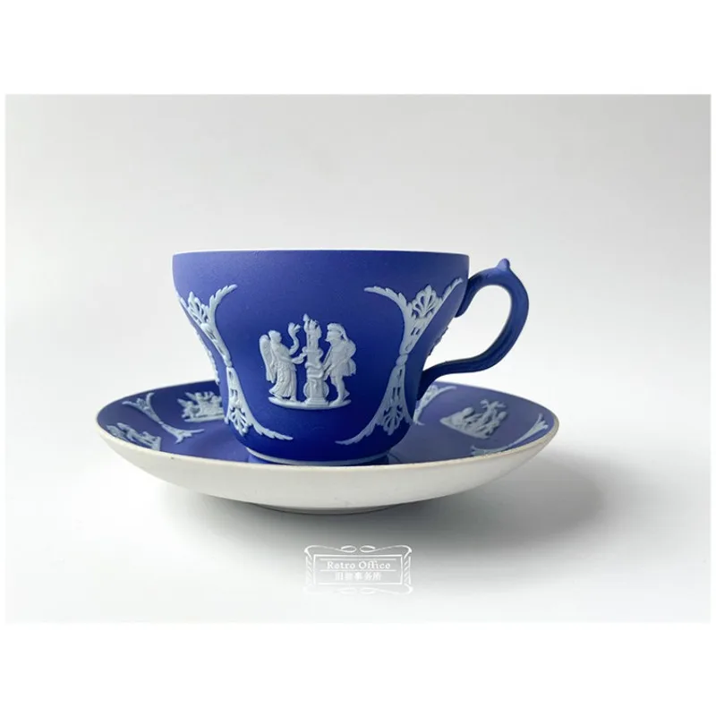 Rare British embossed dark blue ceramic afternoon tea antique cups and saucers