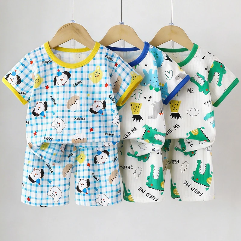 1Set 100% Cotton Kid Clother Set Children Cute Cartoon Print Short Sleeve T-Shirt Shorts Boy Girl Top Toddler Baby Pajama Suit