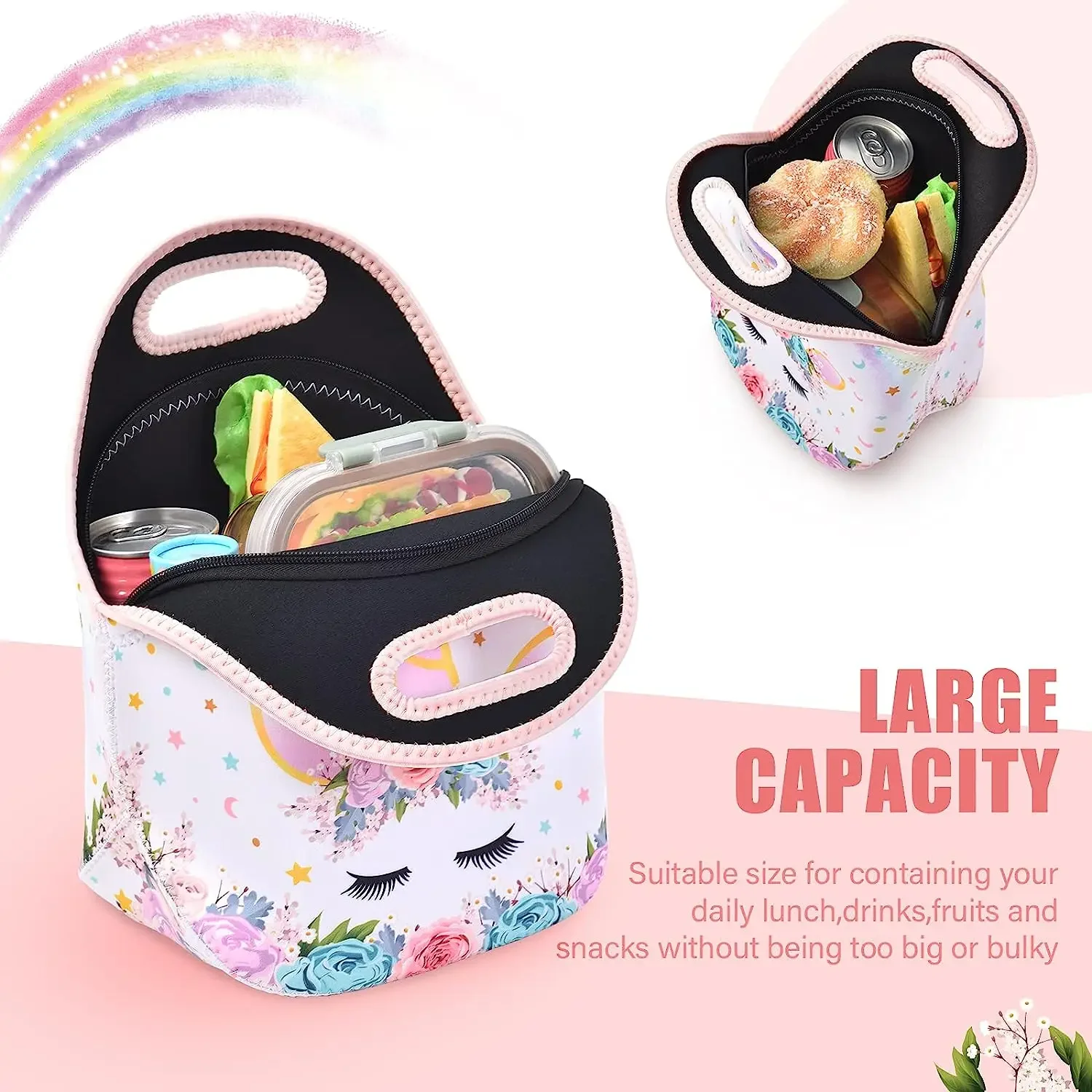 Unicorn Lunch Bag - Neoprene Insulated Lunch Box for Girls Kids Lunch Bag Pink School PicnicPreschool Lunch KindergartenLunchbag