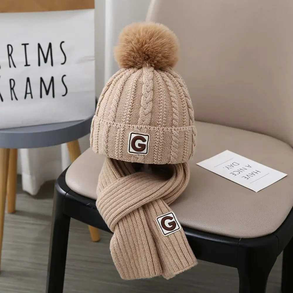 Thicken Children's Hat with Scarf Neck Warmer Ball Crochet Hat Solid Color Korean Style Baby Ear Protection Hat Windproof