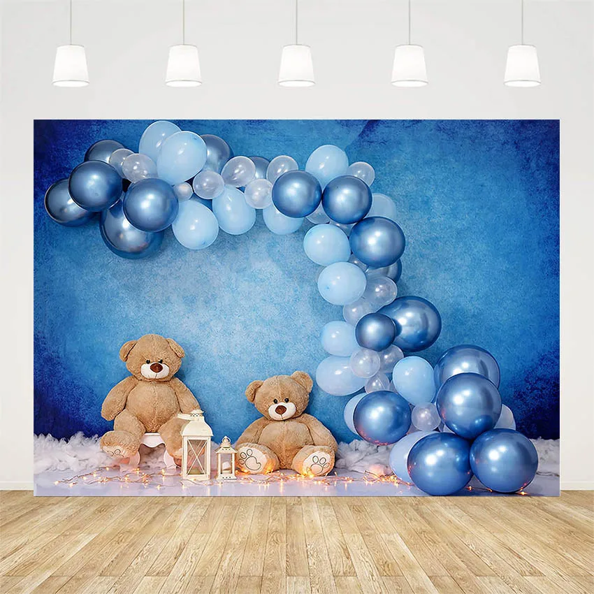 Avezano fundo fotografia azul balão brinquedo urso recém-nascido menino aniversário retrato bolo esmagar pano de fundo decoração photozone para 1 ano
