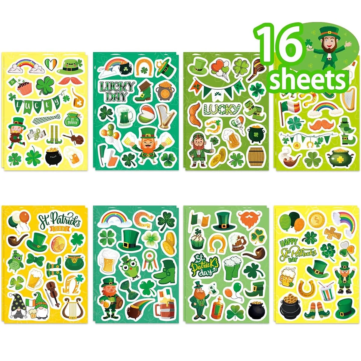 16Sheets St Patricks Day Stickers for Kids Cartoon Rainbow Shamrock Clover Labels Lucky Gifts Party Favors Supplies