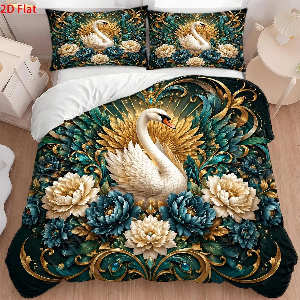 3Pc European-Style Palace-Style Swan Floral Duvet Cover Set (1*Duvet Cover + 2*Pillowcases), Three-Piece Bedding Set Suitable for All Seasons, Machine Washable, Invisible Zipper, Personal Bedspread Suitable for Home, Dormitory, Master Bedroom, Guest Room, Light Luxury Blue and Gold Floral Swan Bedding Set, Large Duvet Cover Set with Exquisite Carving, Luxurious Gemstone-Decorated Bedding Set, Vintage Art Swan Bedspread Set, Soft and Skin-Friendly Machine-Washable Duvet Cover Set, Multi-Functional