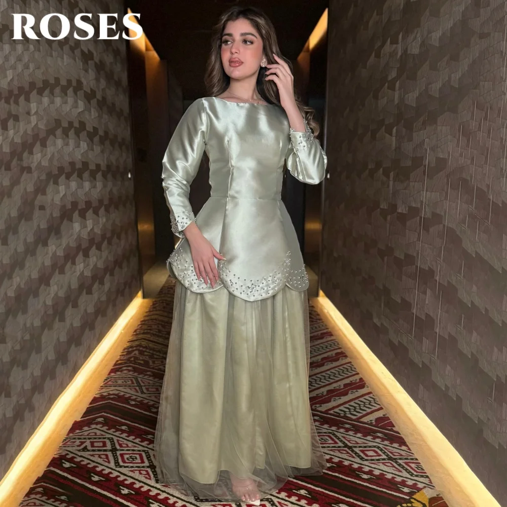 

ROSES мятно-зеленое платье для выпускного вечера с круглым вырезом, обычное вечернее платье из тюля с длинными рукавами и складками, вечерние платья трапециевидной формы по индивидуальному заказу