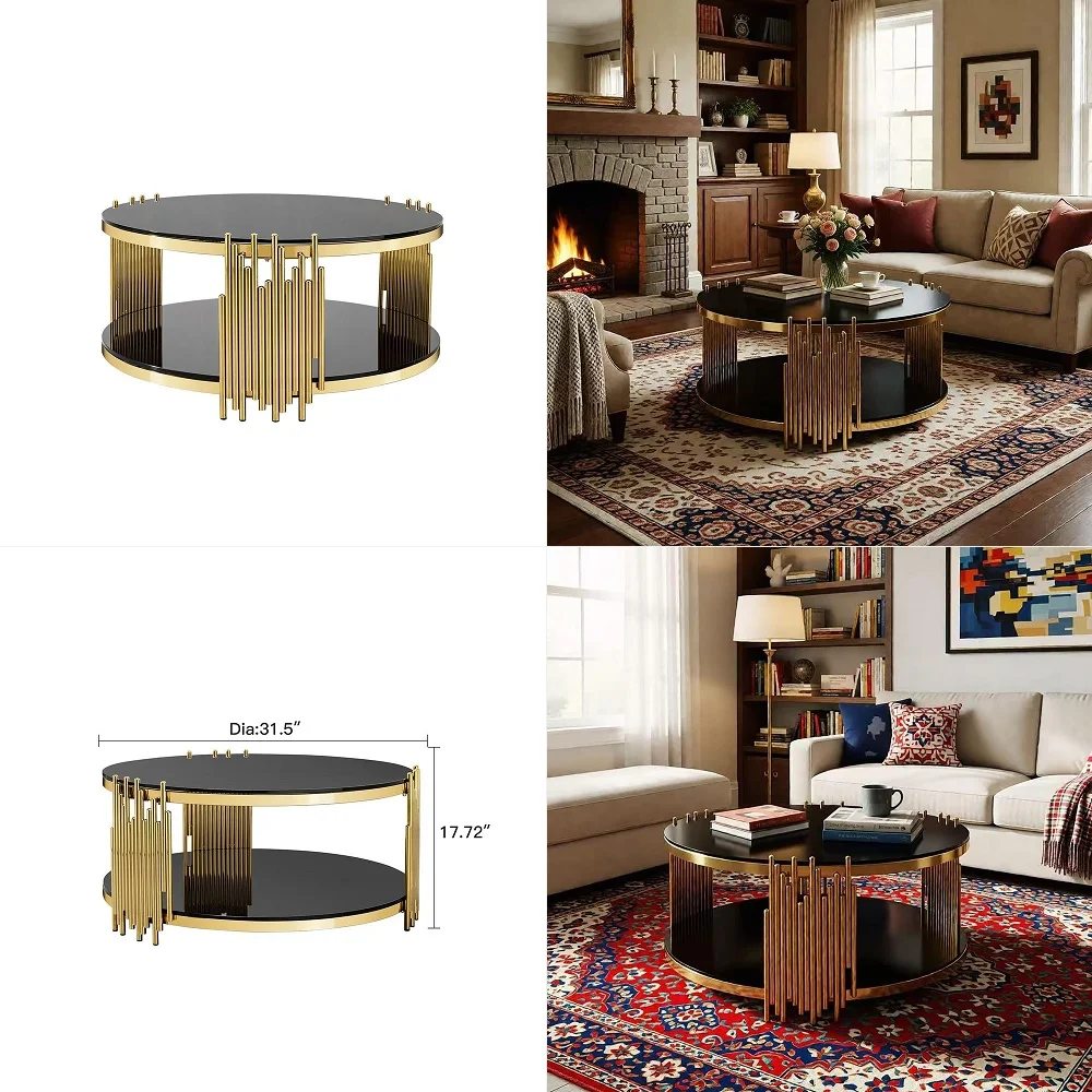 

Round Coffee Table, 2Tier Black Tempered Glass Coffee Table with Gold Metal Frame for Living Room, Office amp Cafe