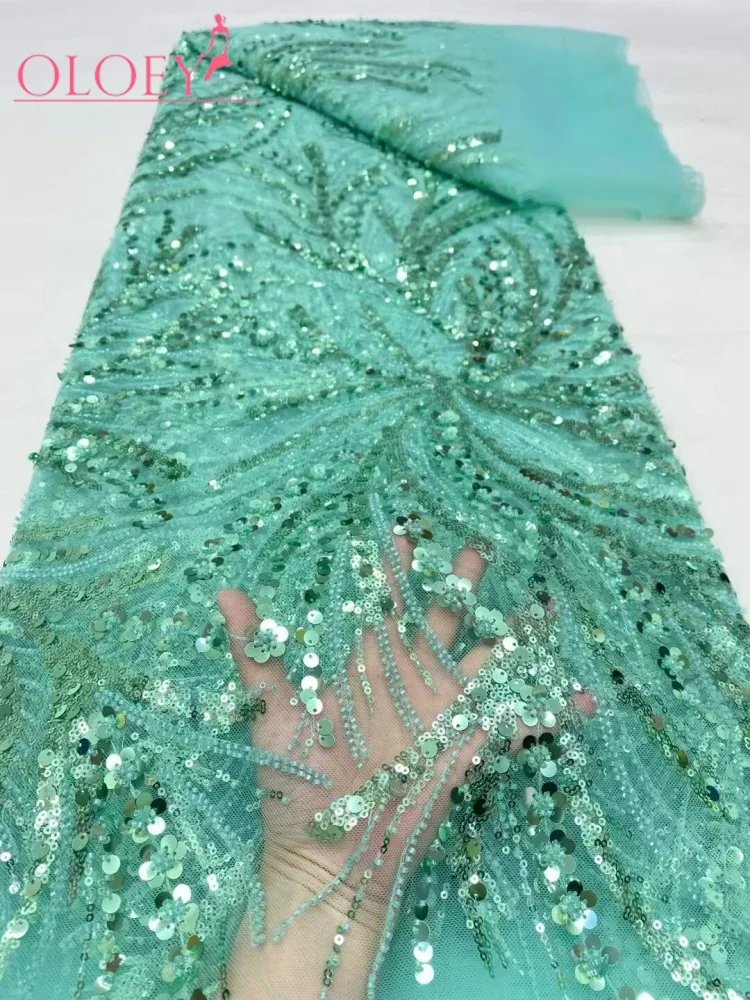 OLOEY French African Sequins Lace Fabric Beaded Mesh Nigerian Embroidery for Wedding Party Drapes Latest Design Elegant