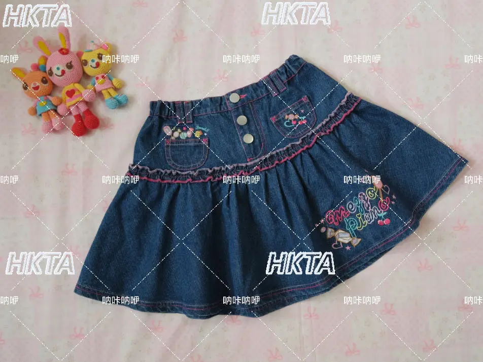 Japanese Summer Subculture Millennial Cute Sweet A Line Denim Skirt Girls Kawaii Embroidery Ruffled Pleated Lolita Skirts Women