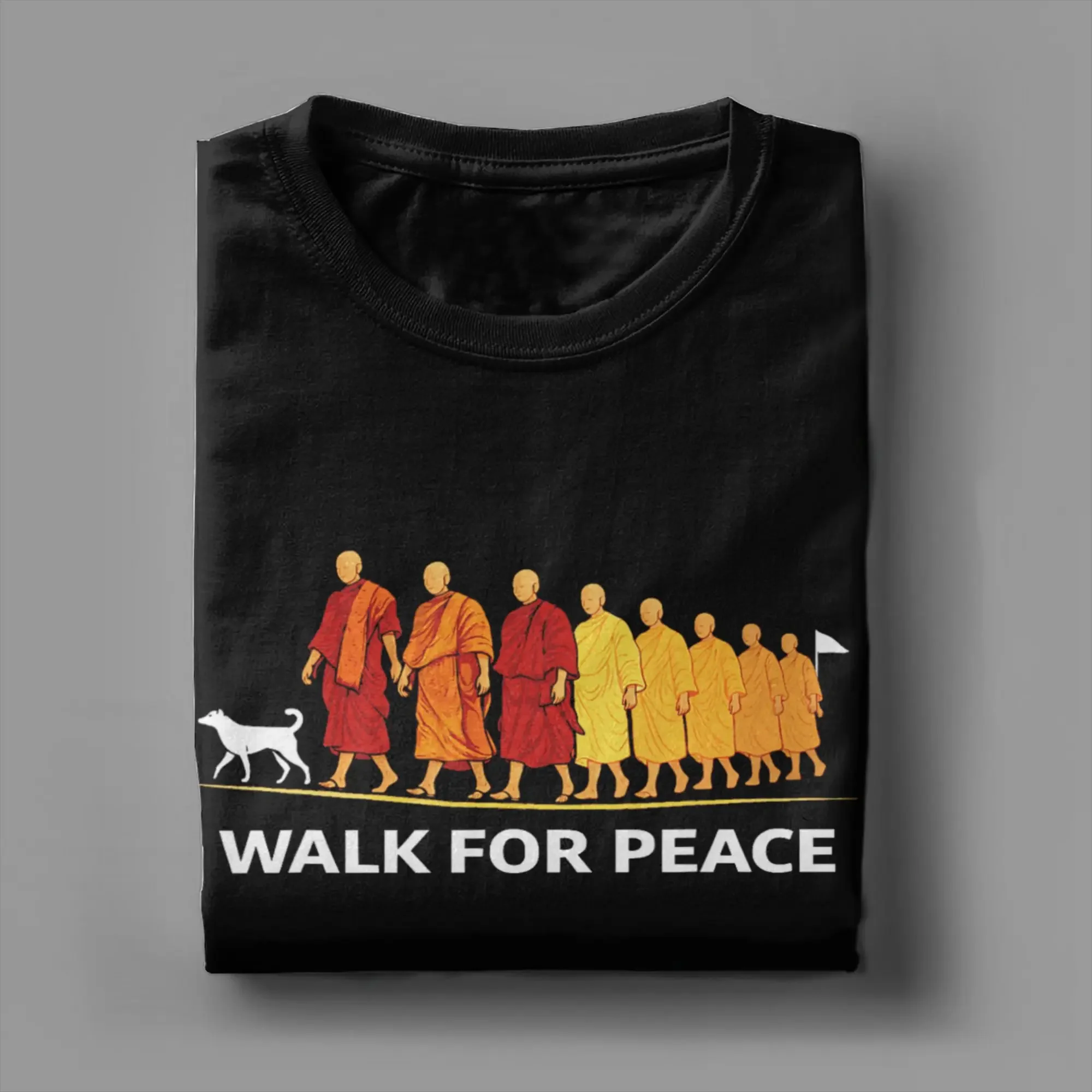 Retro Walk for Peace Monks with Aloka Dog Minimalist Zen Art T Shirts Men's Pure Cotton T-Shirt Tee Shirt Short Sleeve Clothing