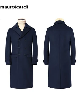 Men's Long Wool Blend Double-Breasted Overcoat 3 Mauroicardi Autumn Winter Long Warm Smart Casual Navy Blue Black Woolen Coat Men Double Breasted Luxury Wool Blends Overcoat 3