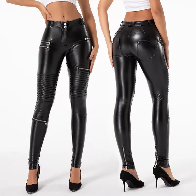 Women's High Waisted Faux Leather Biker Pants Shiny Wet Look Moto Leggings with Zipper Stretch Bodycon Skinny Trousers for Club