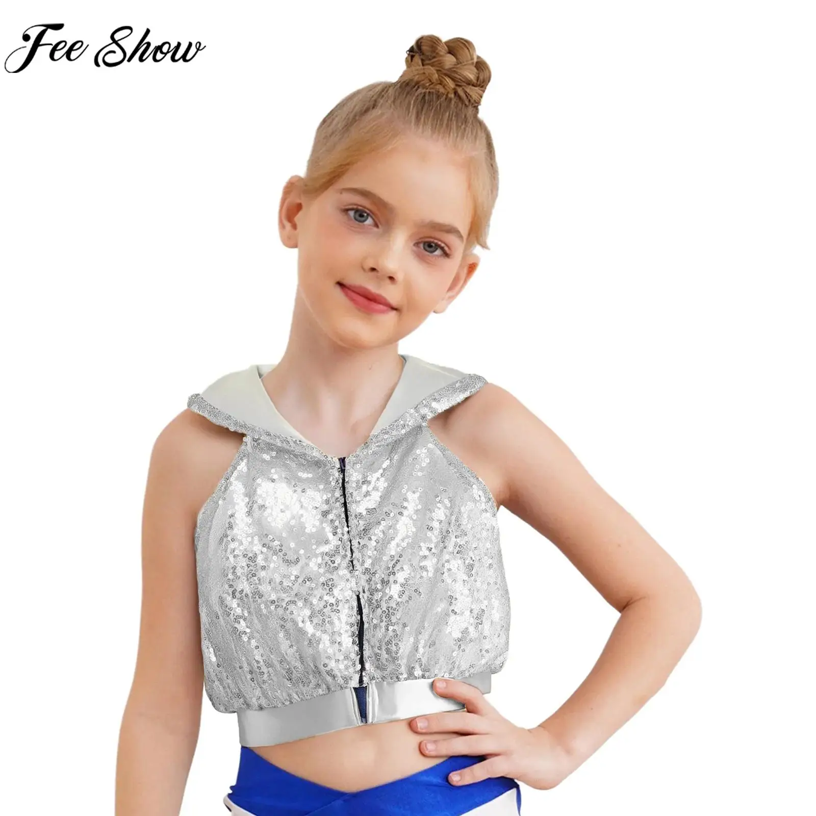 Children Girls Fashion Hip Hop Jazz Street Dance Costume Dancewear Sleeveless Backless Zipper Shiny Sequins Hooded Vest Crop Top
