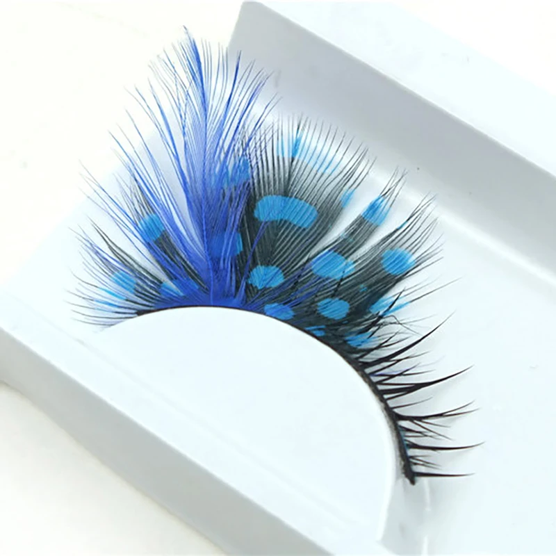 1 Pair Handmade False Eyelashes Color False Eye Lashes Blue Dot Thick Feather False Eyelashes for Eye Performance Party Makeup