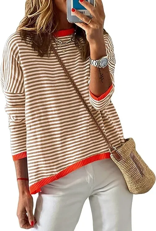 Striped Sweater Pullover Women Autumn Spring Simple Knit Elastic Pullovers Jumper Casual Thick Warm Black White Basic Jumpers