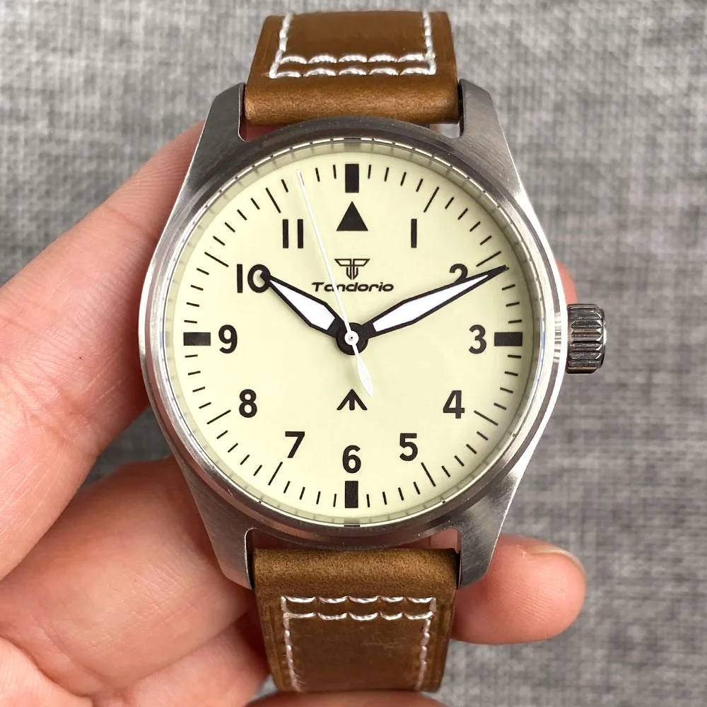 Tandorio 39mm Pilot 20Bar Automatic Watch Men Full Green Luminous Beige Dial NH35A PT5000 Miyota Sapphire Screw Crown Leather