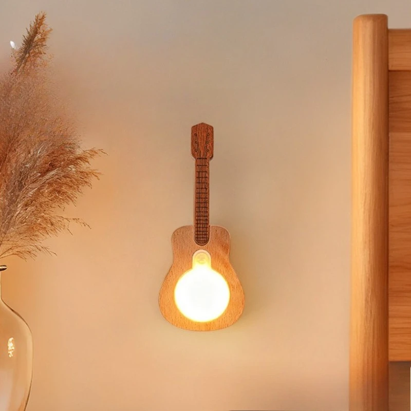 Moden Creative Wooden Guitar LED Wall Lamps Induction Lights Acrylic Lampshade Living Room Bedroom Corridor Restaurant Sconces