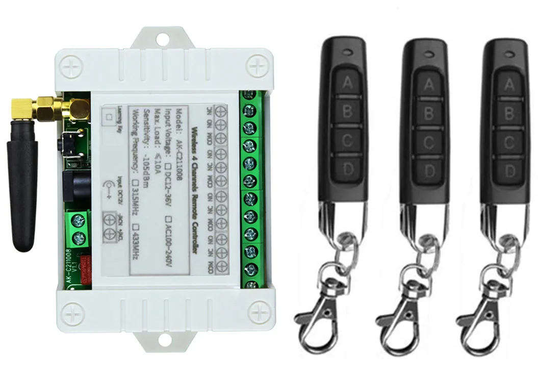 Smart Multiple DC 12V 24V 36V 10A 433MHz 4CH Relè wireless a 4 canali Ricevitore interruttore telecomando RF + Trasmettitore pollici