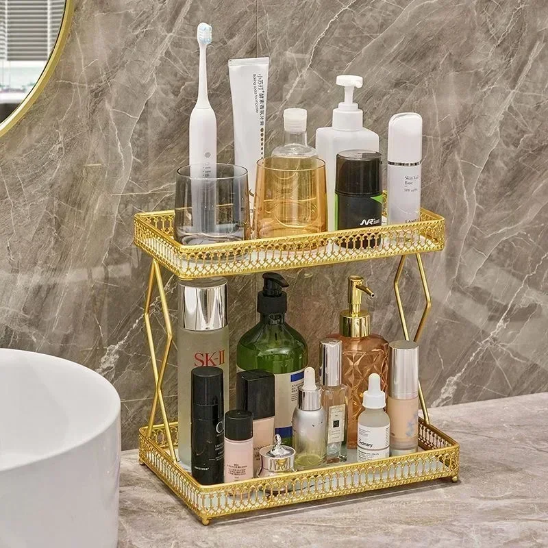 Iron Frame+Glass Plate Desktop Double-layer Storage Rack Washbasin Toiletries Shelf Jewelry Organizer Make Up Storage Holder