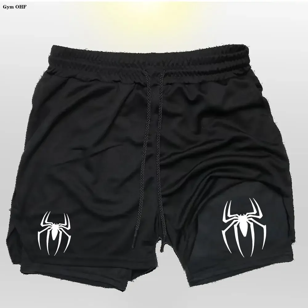 Spider Running Shorts Men Gym Sports 2 In 1 Quick Dry Workout Training Fitness Jogging Short Pants Summer