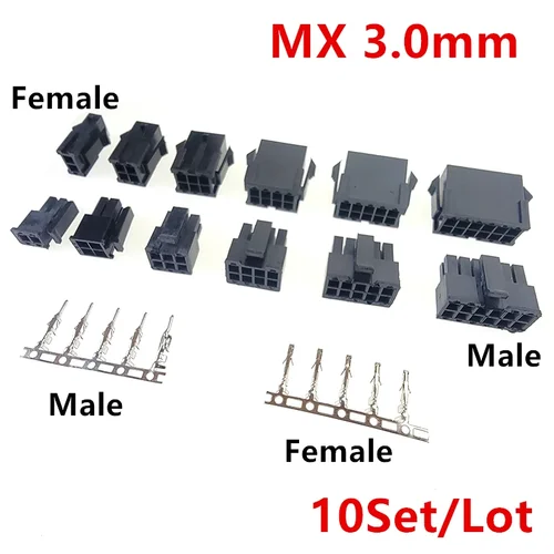 Imagen 1 del producto Juego de 10 conectores de terminales de carcasa macho hembra enchufables Molex de 3,0mm 2*1/2/3/4/5/6/7/8/9/10/11/12P MX3.0mm conector de doble fila