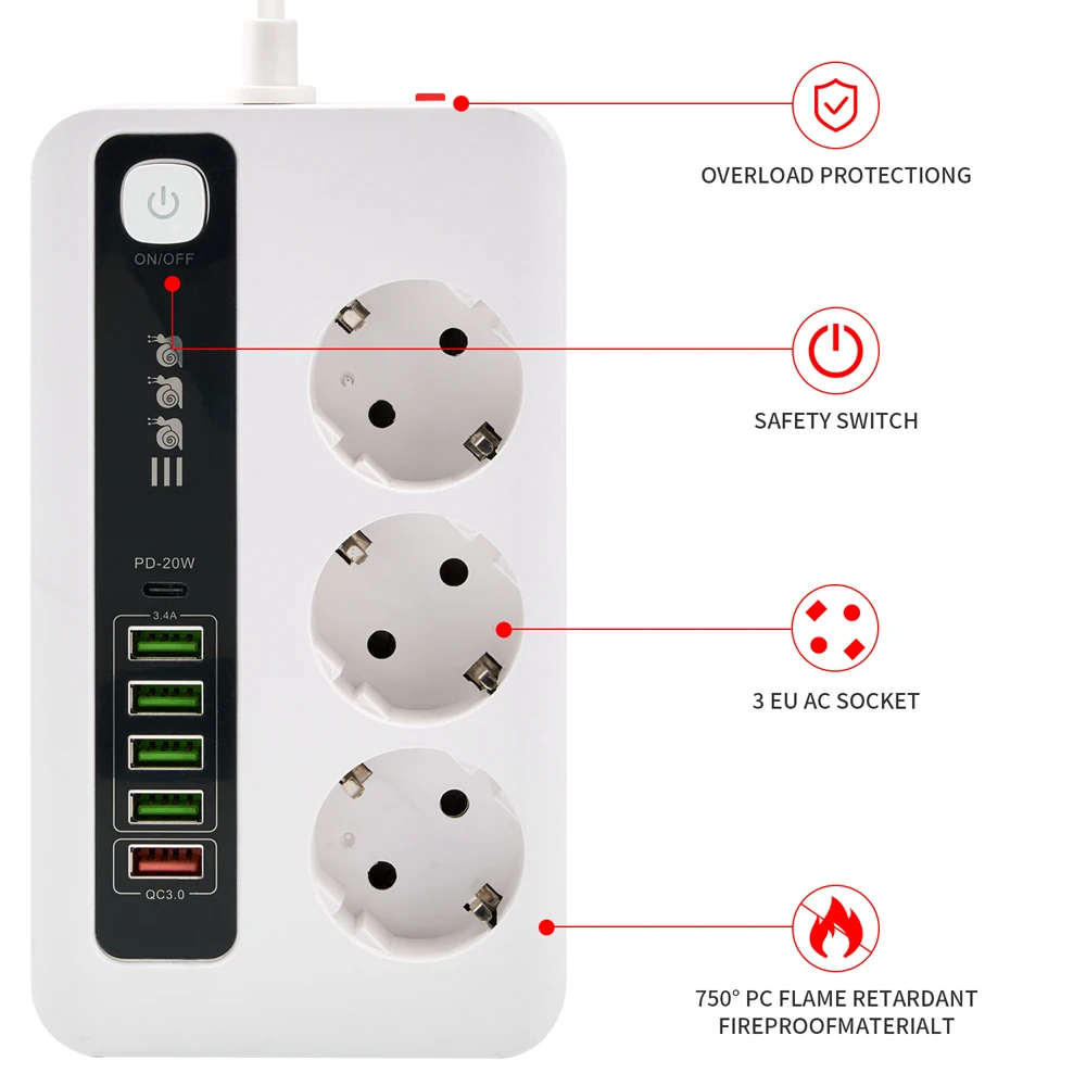 EU Plug AC Outlet Power Strip With QC3.0 USB Type C PD Extension Cable Multiprise Timed Electrical Socket Network Filter Adapte