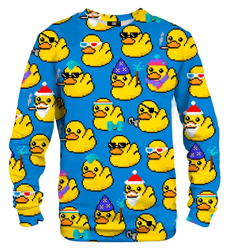 Kawaii New 3D Cute Yellow Duck Print Sweatshirts Rubber Graphic Round Neck Hoodies Children Funny Streetwear Tops Mens Clothing