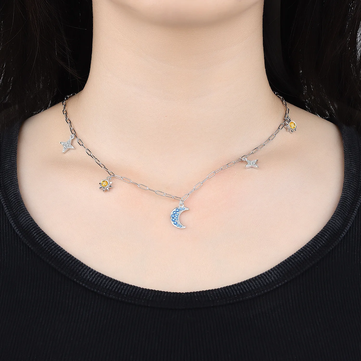 Orstarry S925 Sterling Silber Stern Blauer Mond Sonne Halskette für Frauen Geburtstag Originelle Geschenke Mode Feiner Schmuck – Detail 2