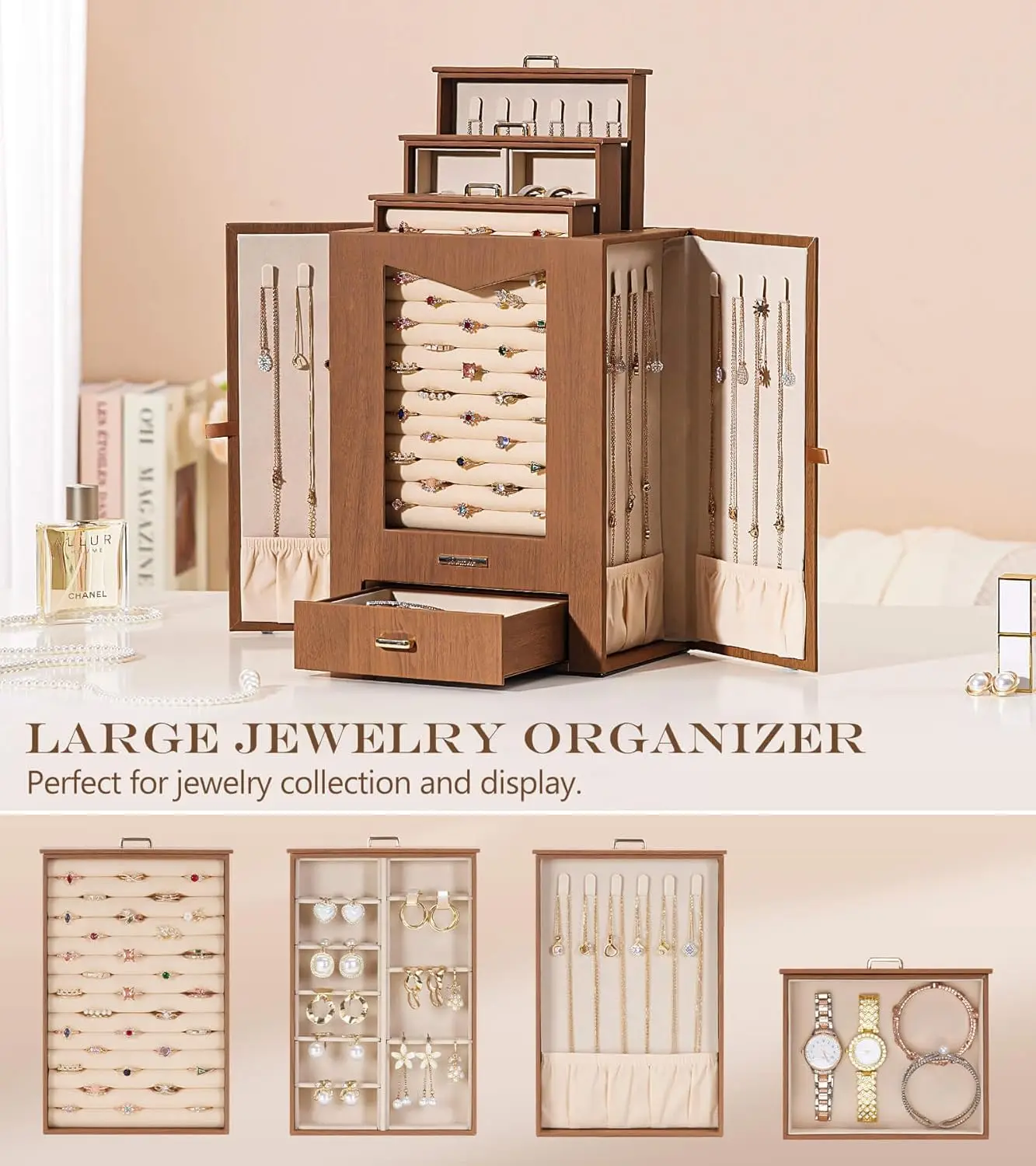 منظم المجوهرات مع خطافات قلادة نافذة شفافة هدية للنساء علبة عرض صندوق المجوهرات لخواتم القلائد #5