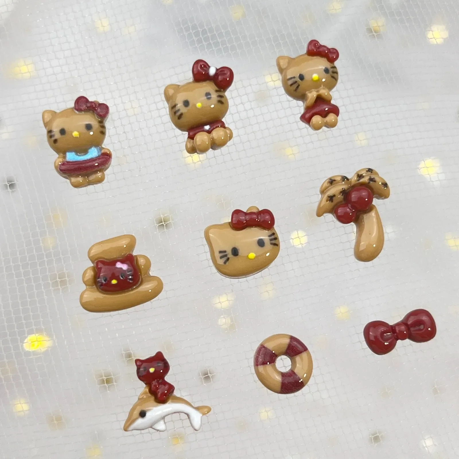 20Pcs Cartoon Nail Jewelry with Red Swim Ring KT Cat Red Katie Cat Nail Accessory Set