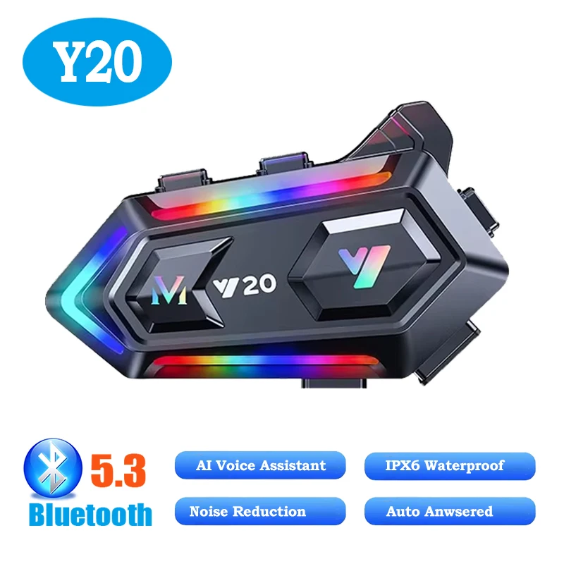

Мотоциклетная Bluetooth-гарнитура Y20 для шлема, водонепроницаемая IPX6, музыкальный плеер 1000 мАч, RGB-подсветка, беспроводная связь 5.3, автоматический ответ, шумоподавление