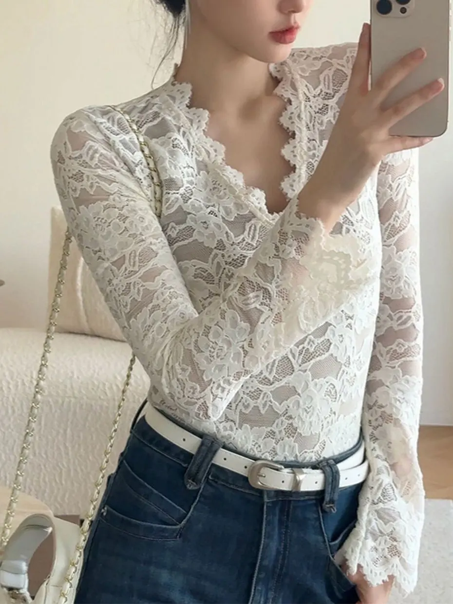 

Ruffle Sleeve V-Neck Flocking Lace Base Shirt Women's Autumn Winter Low Neck Inner Wear Show Clavicle Elegant Top