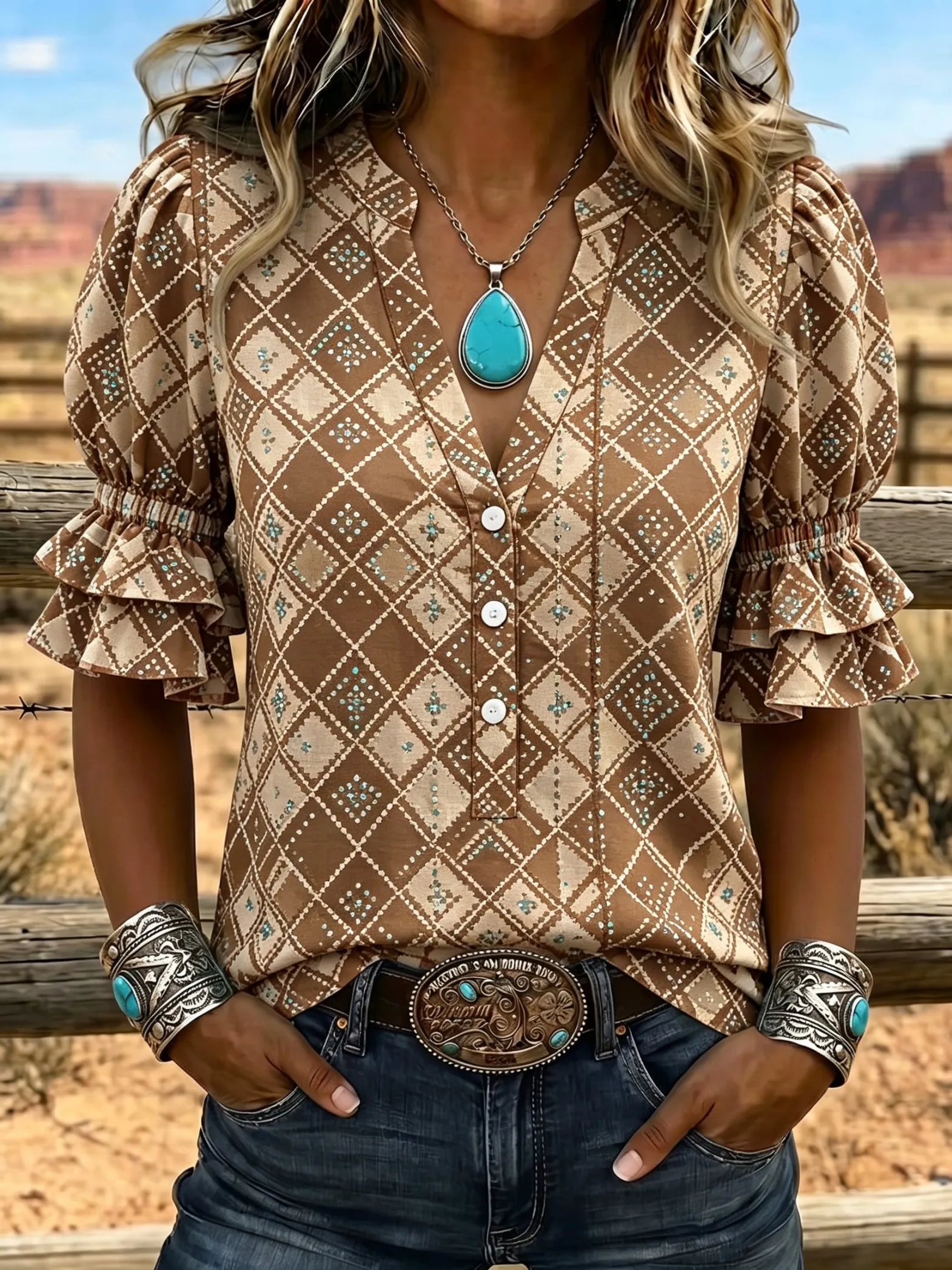 Women's Spring Summer 3D Printed V Neck Shirt, Brick Red Grid Horseshoe Star Western Ethnic Geometric Blouse view 4