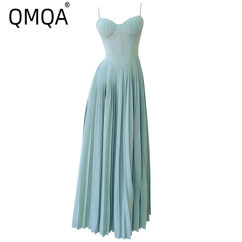 

QMQA Fashion Women's Elegant Evening Strapless Dresses High Waist Slimmin Pleated Hem Banquet Dress 2025 Female New 1A776