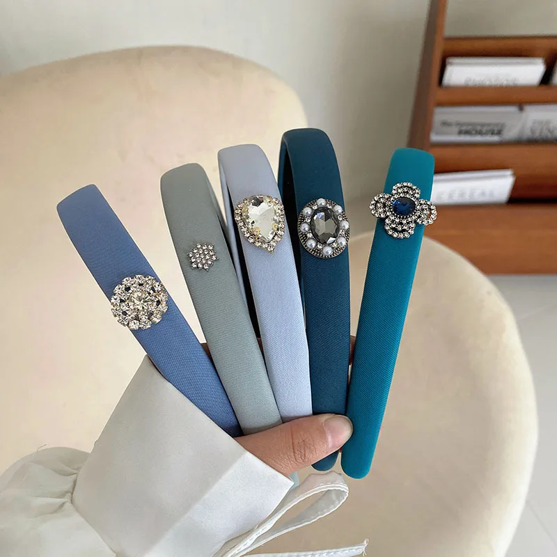 Korean Style Simple New Thin Edges High Skull Top hairhoop Diamond Snowflake Sponge Headband Blue Gray Hair Clip Headdress Women